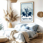 a cozy bedroom with a large bed, a framed poster of skiers on the wall, and a potted plant. The room has a rustic and inviting atmosphere, with a mix of natural and modern elements.