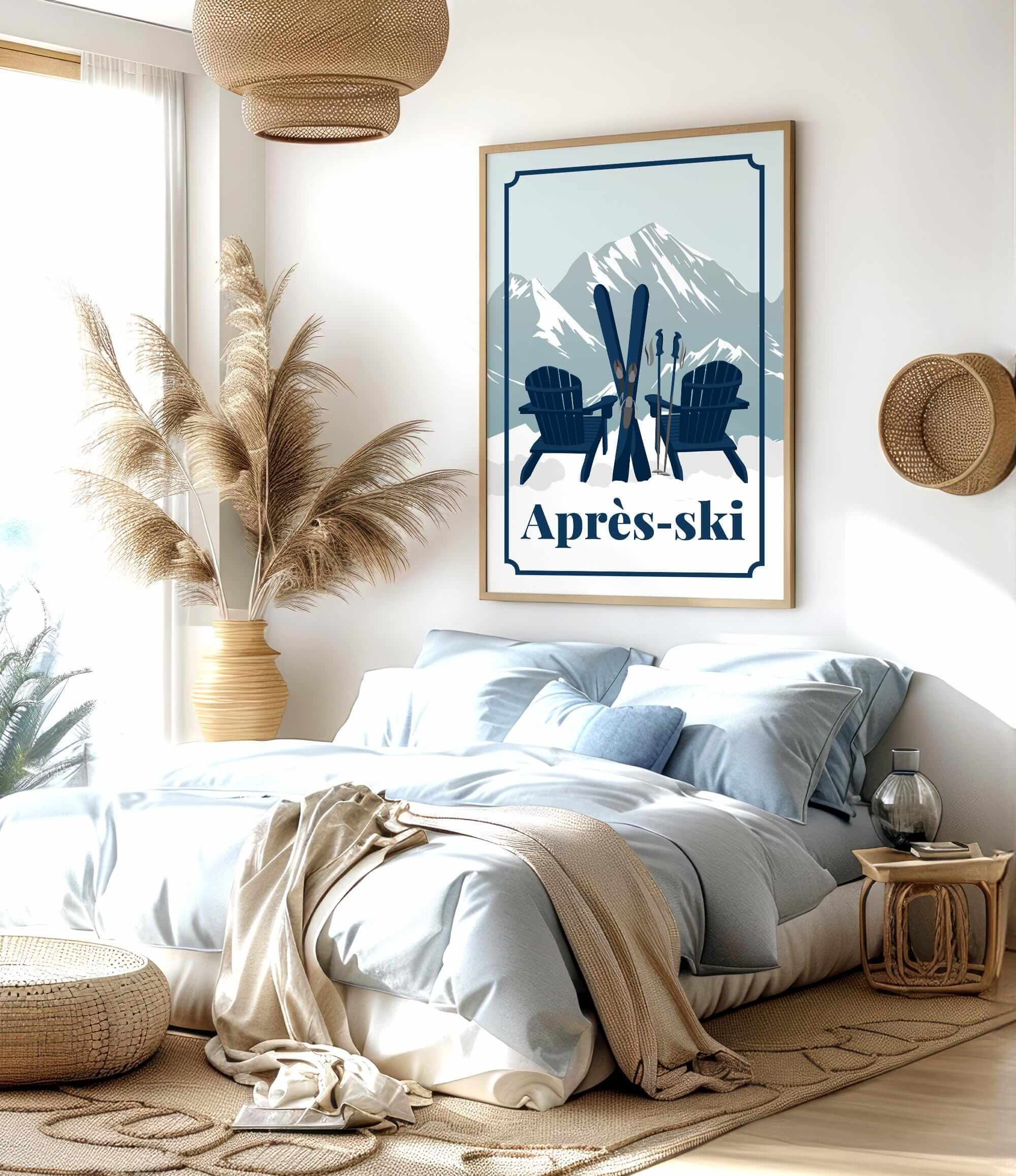 a cozy bedroom with a large bed, a framed poster of skiers on the wall, and a potted plant. The room has a rustic and inviting atmosphere, with a mix of natural and modern elements.