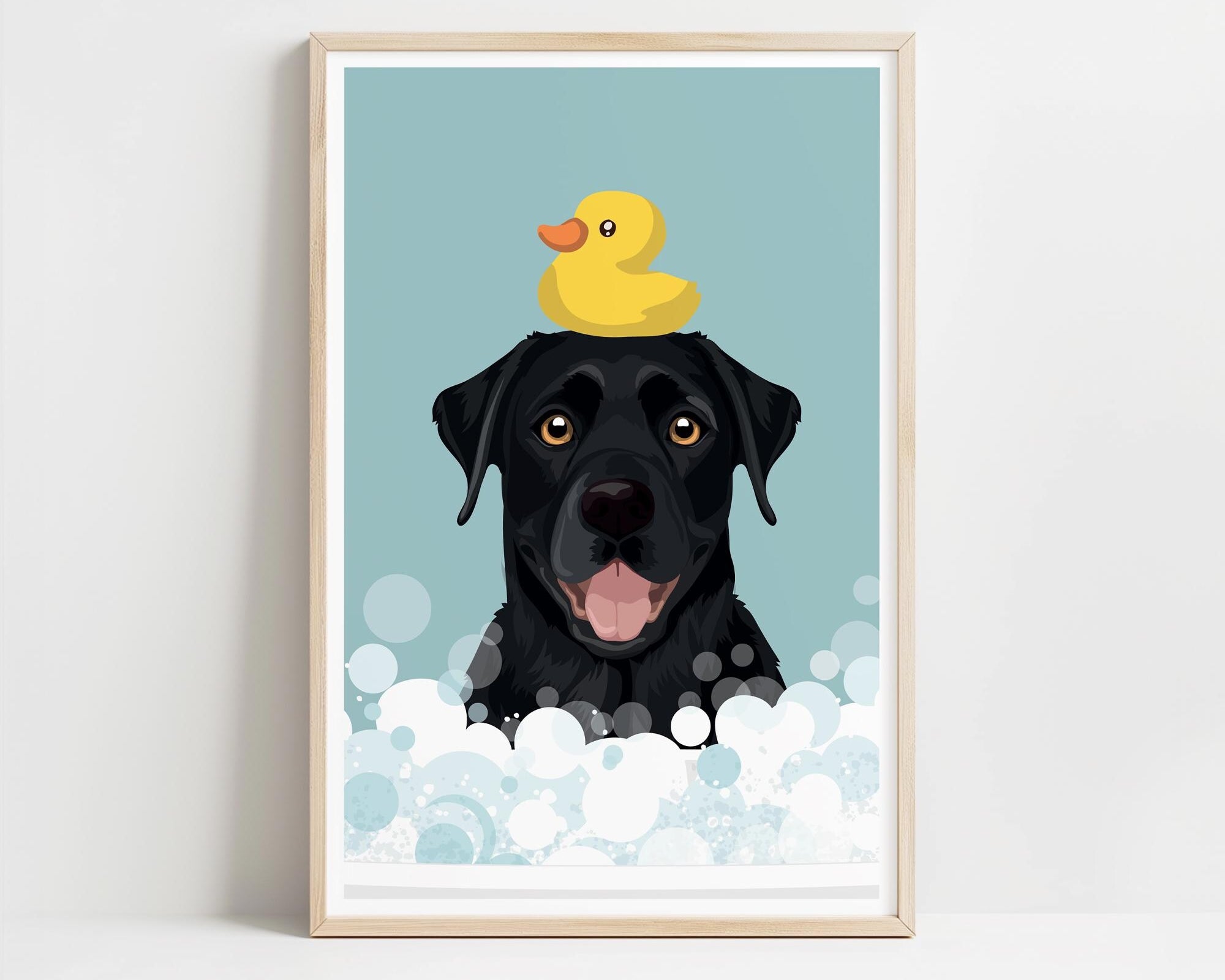 A black dog with a yellow rubber duck sitting on its head, surrounded by bubbles, in a framed print.