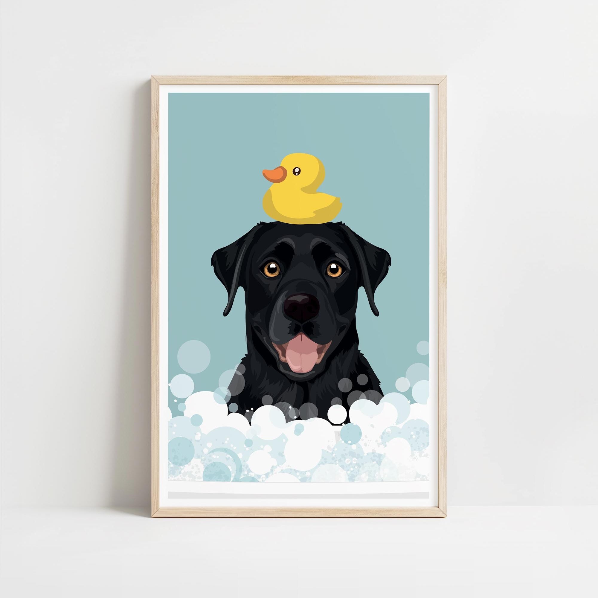 A black dog with a yellow rubber duck sitting on its head, surrounded by bubbles, in a framed print.