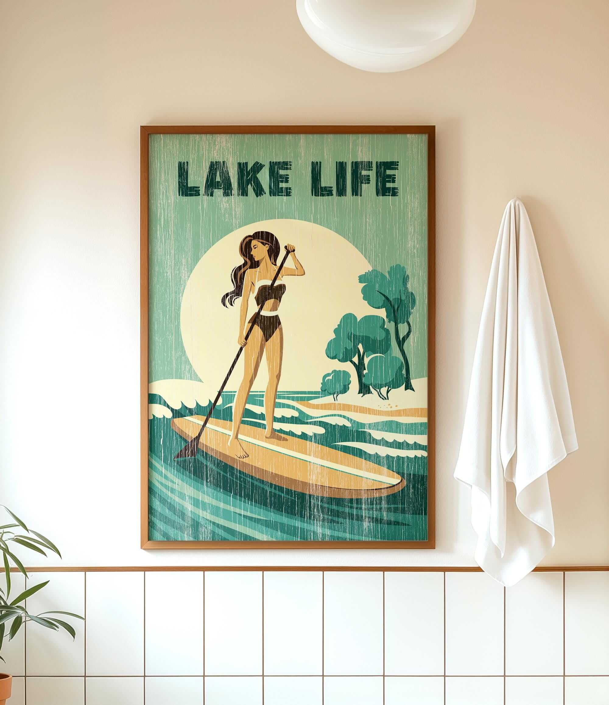 a framed poster of a woman paddleboarding on a lake, with the text "LAKELIFE" prominently displayed.