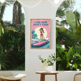 a poster with a woman paddleboarding on a lake, surrounded by tropical plants, with the text "LAKESHAIR DON'T CARE" displayed prominently.