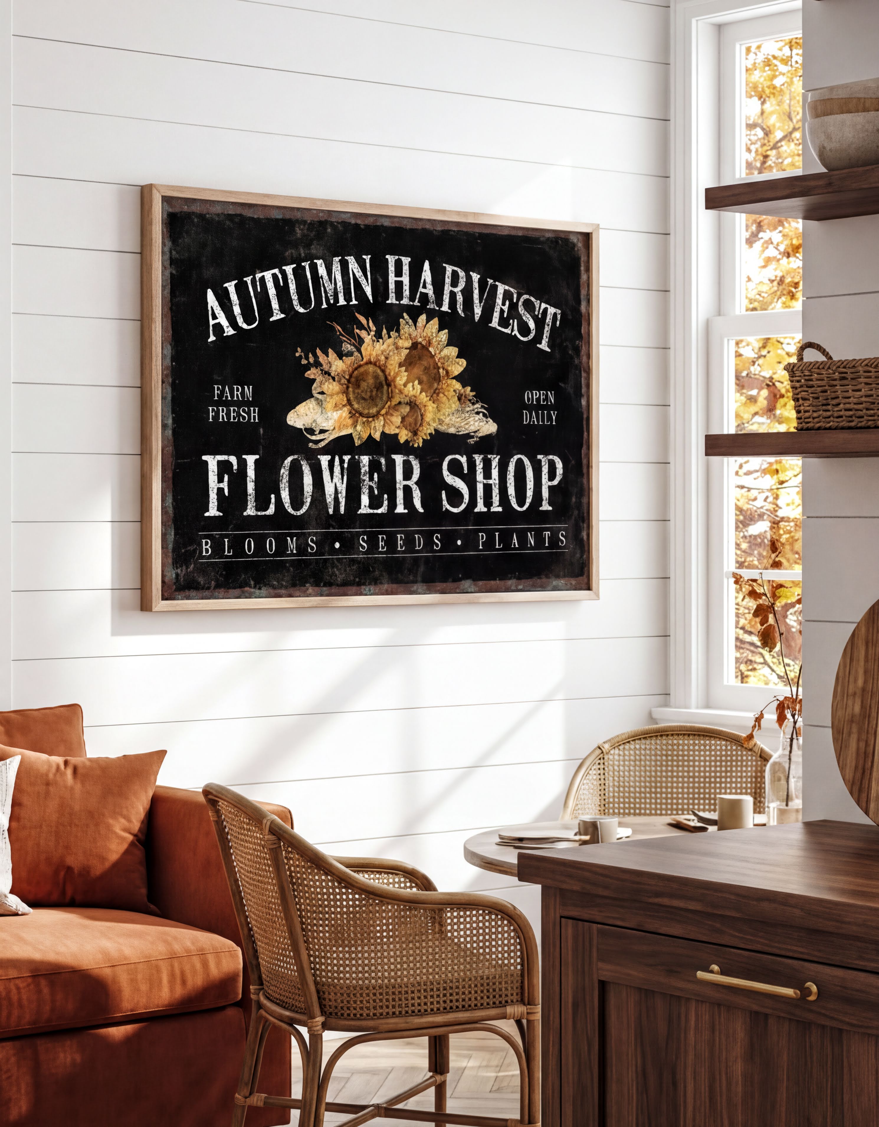 a rustic-style living room with a large framed sign that reads "Autumn Harvest Flower Shop" above a wooden table. The sign has a sunflower design and the text "FARM FRESH FLOWER SHOP BLOOMS SEEDS PLANTS" written on it. The room has a cozy atmosphere with a couch, chairs, and a wooden cabinet.