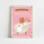 A framed poster with a dog sitting in a bathtub filled with bubbles, accompanied by the text "Please don't forget to wash your pans".