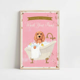 A framed poster with a dog sitting in a bathtub filled with bubbles, accompanied by the text "Please don't forget to wash your pans".