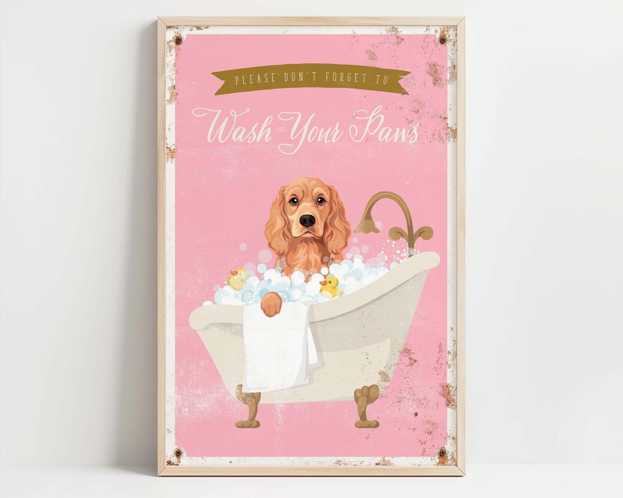 A framed poster with a dog sitting in a bathtub filled with bubbles, accompanied by the text "Please don't forget to wash your pans".