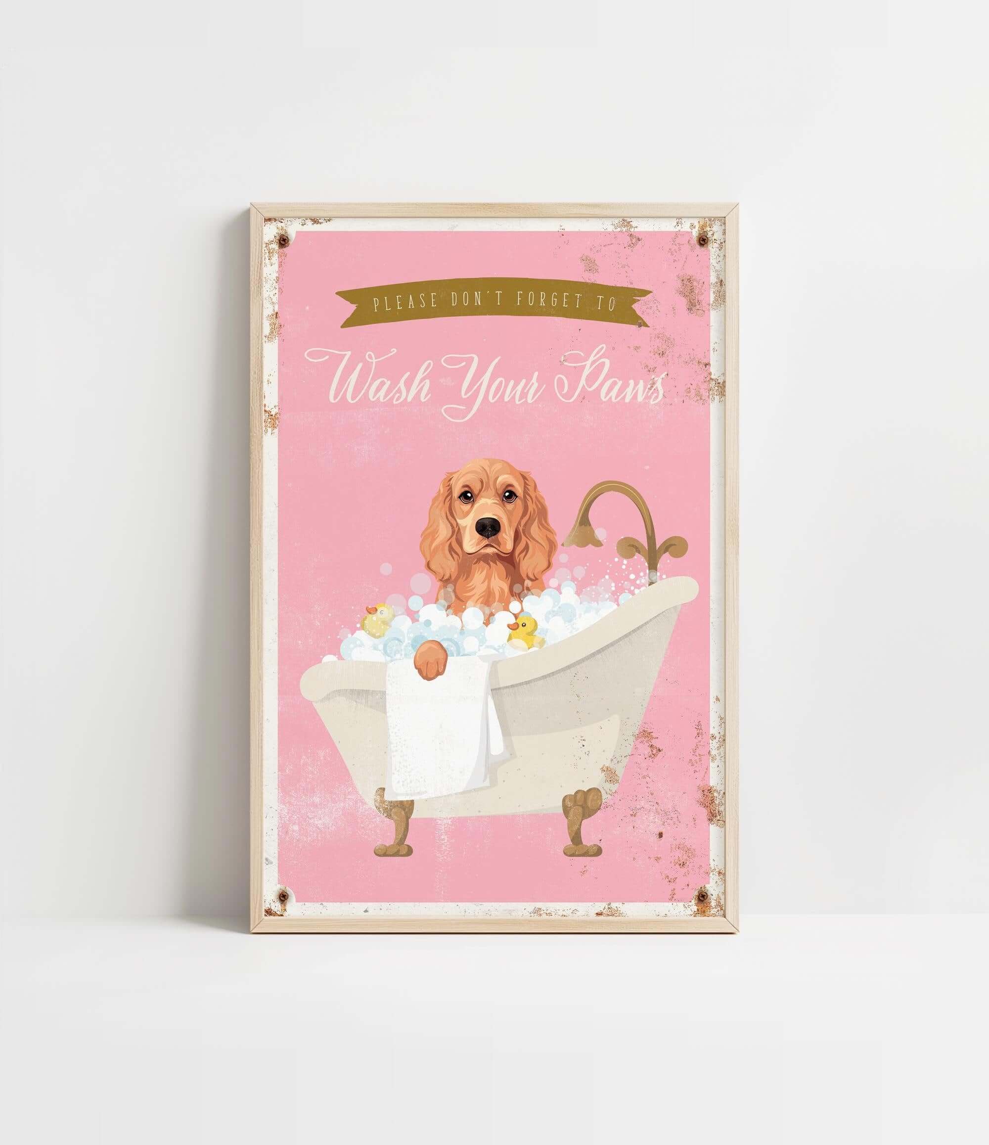 A framed poster with a dog sitting in a bathtub filled with bubbles, accompanied by the text "Please don't forget to wash your pans".