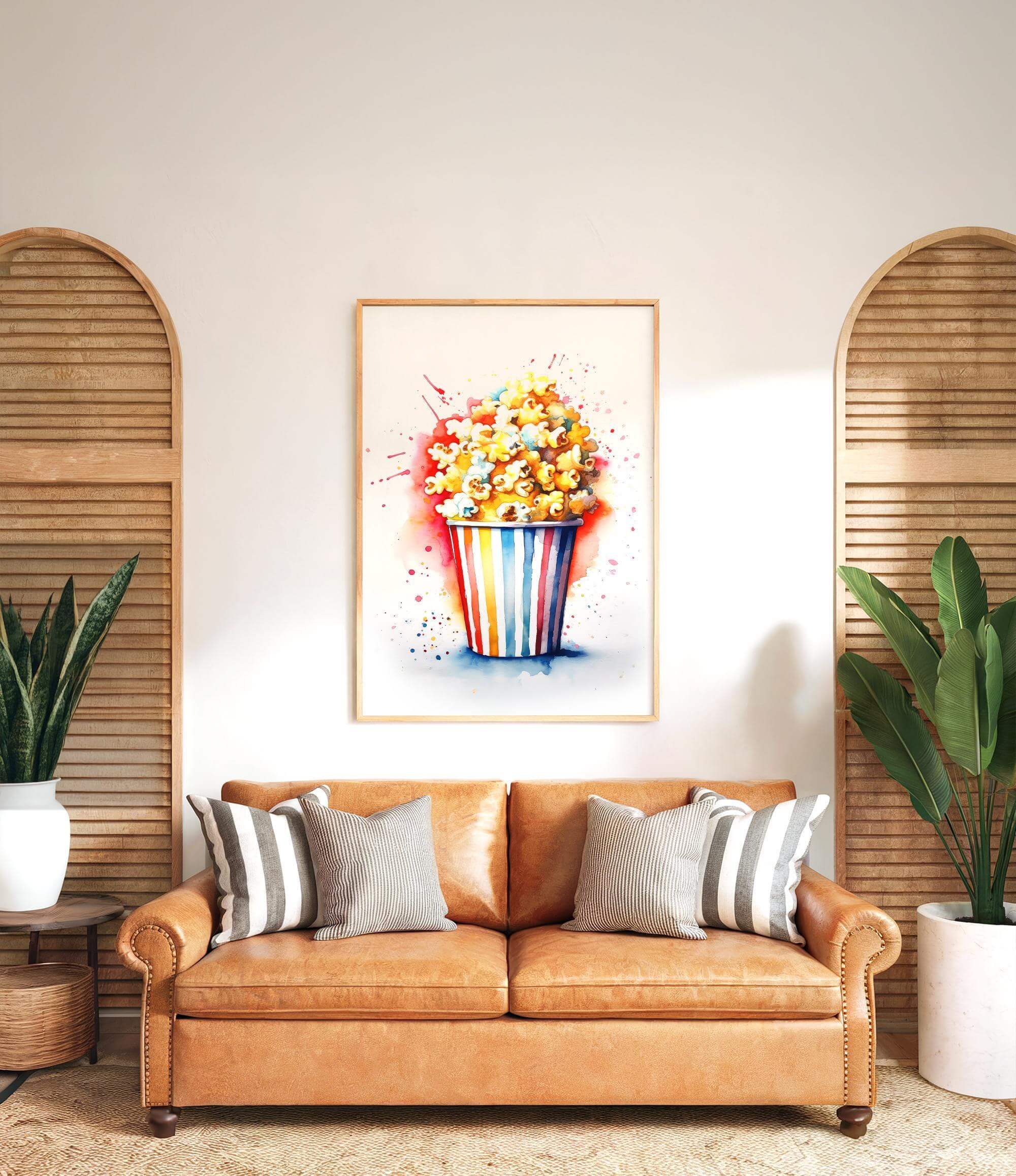 a cozy living room with a brown leather sofa adorned with striped pillows. Above the sofa, a framed watercolor painting of a colorful cupcake with a flower on top is displayed on the wall. The room is decorated with potted plants and wooden shutters, creating a warm and inviting atmosphere.