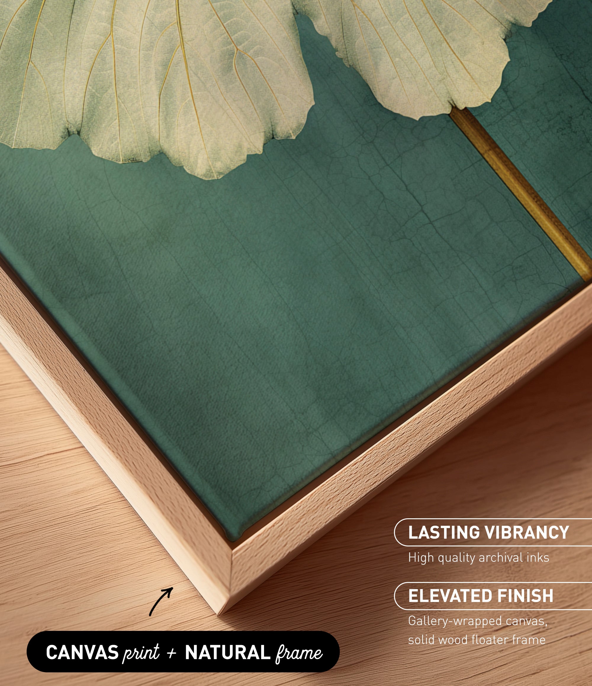 a close-up view of a canvas print with a natural frame, showcasing a vibrant green color and a textured surface.