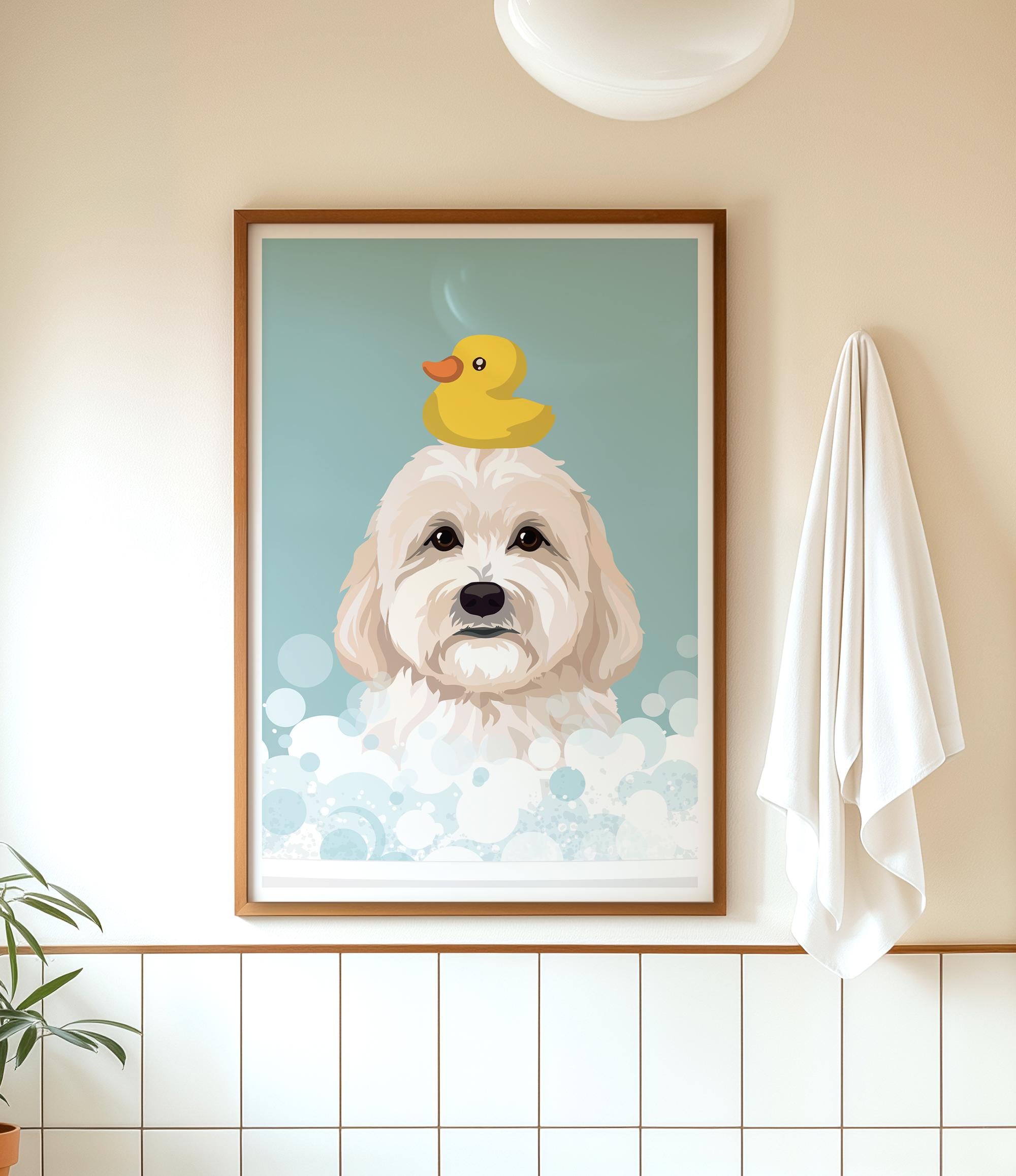 A framed illustration of a white dog with a yellow rubber duck on its head, set against a blue background with white bubbles.