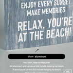 The Beach House Rules Sign in Painted Wood, Harbor Blue features beach-themed text—ideal coastal wall art or beach house decor; aluminum print and hardware details shown below.