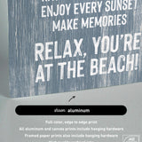 The Beach House Rules Sign in Painted Wood, Harbor Blue features beach-themed text—ideal coastal wall art or beach house decor; aluminum print and hardware details shown below.