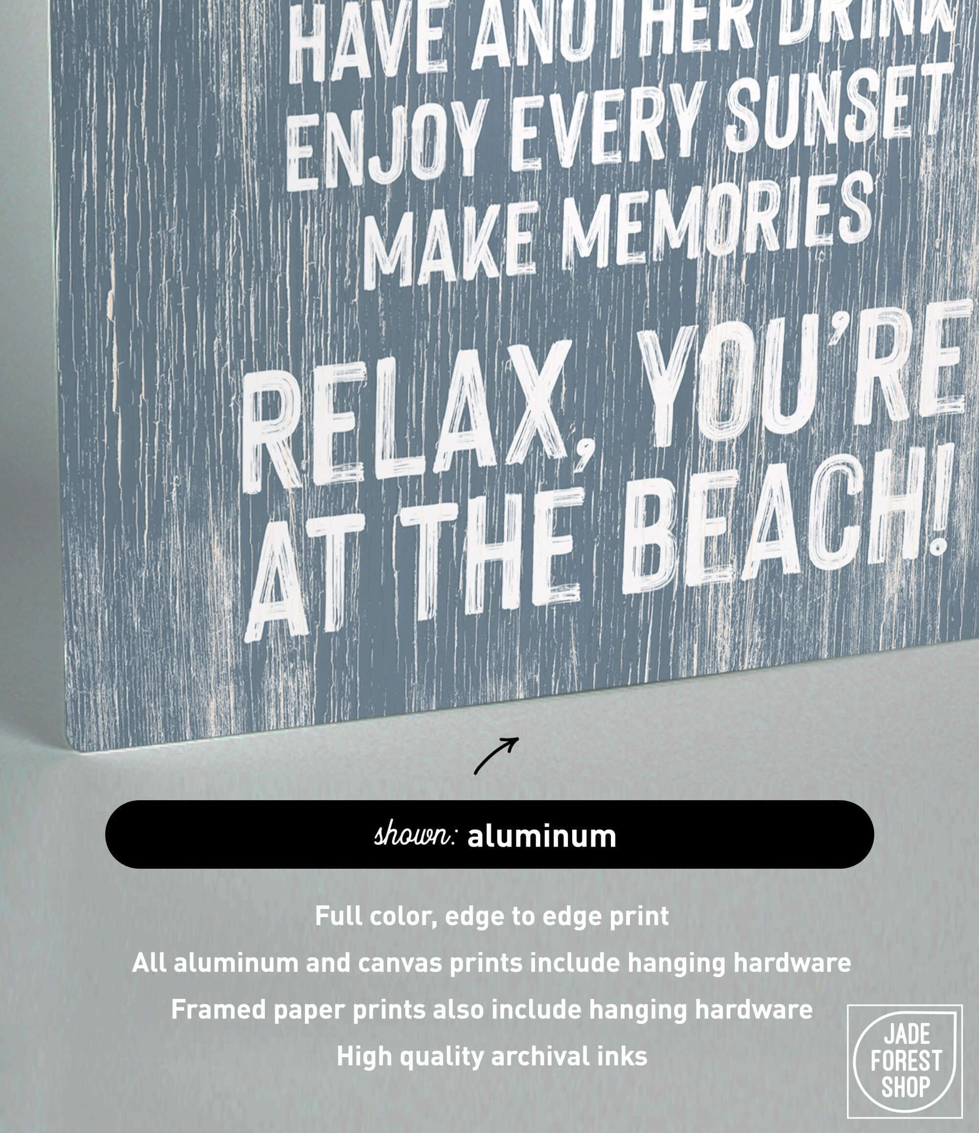 The Beach House Rules Sign in Painted Wood, Harbor Blue features beach-themed text—ideal coastal wall art or beach house decor; aluminum print and hardware details shown below.