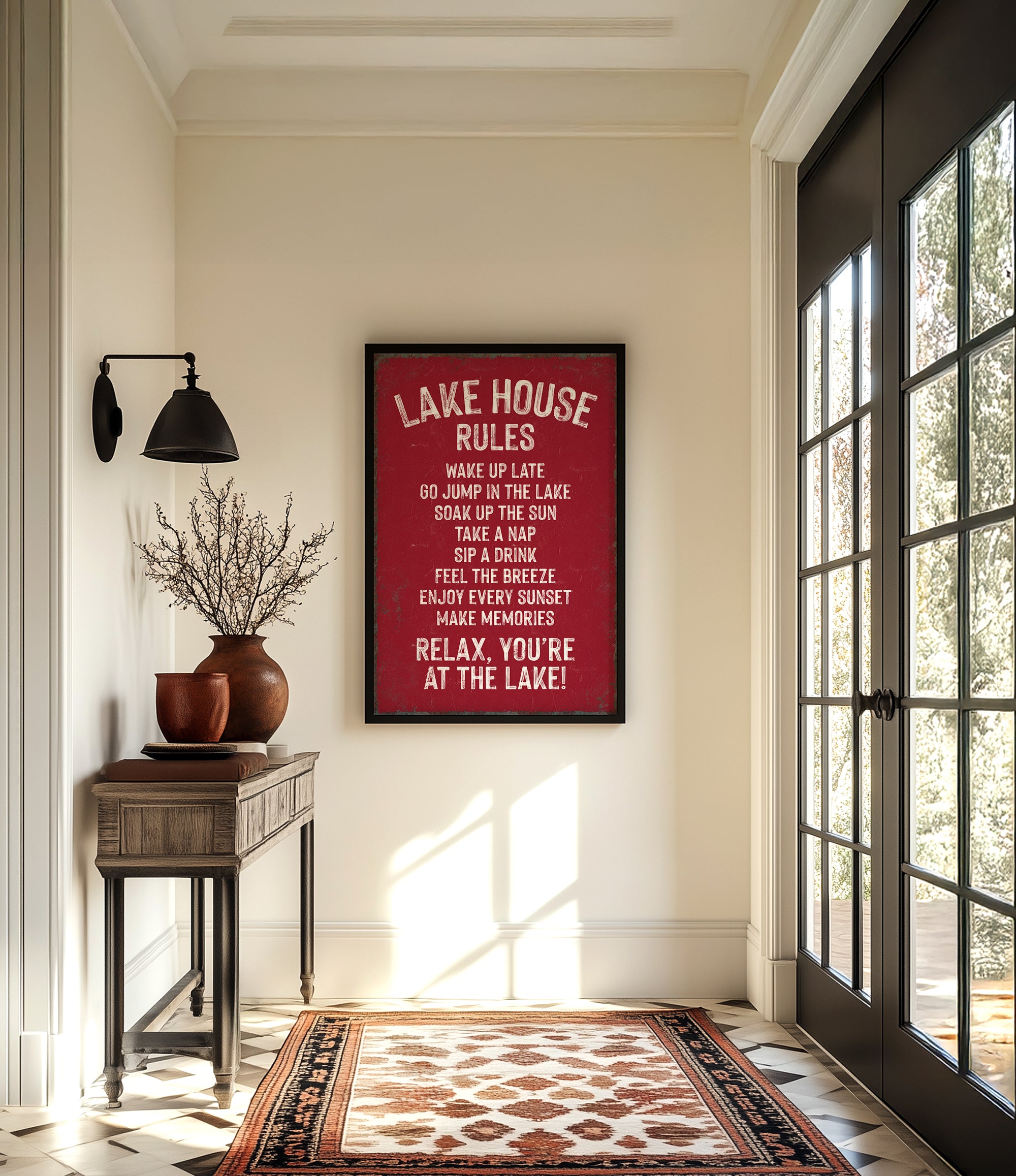 a hallway with a framed sign that reads "LAKESHORE RULES" hanging on the wall. The hallway has a wooden table with a vase of flowers, a rug, and a window with a view of trees outside.