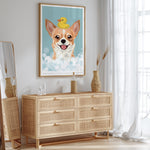 a wooden dresser with a framed picture of a dog on the wall above it. The dresser has six drawers and is situated in a room with a window and a mirror.