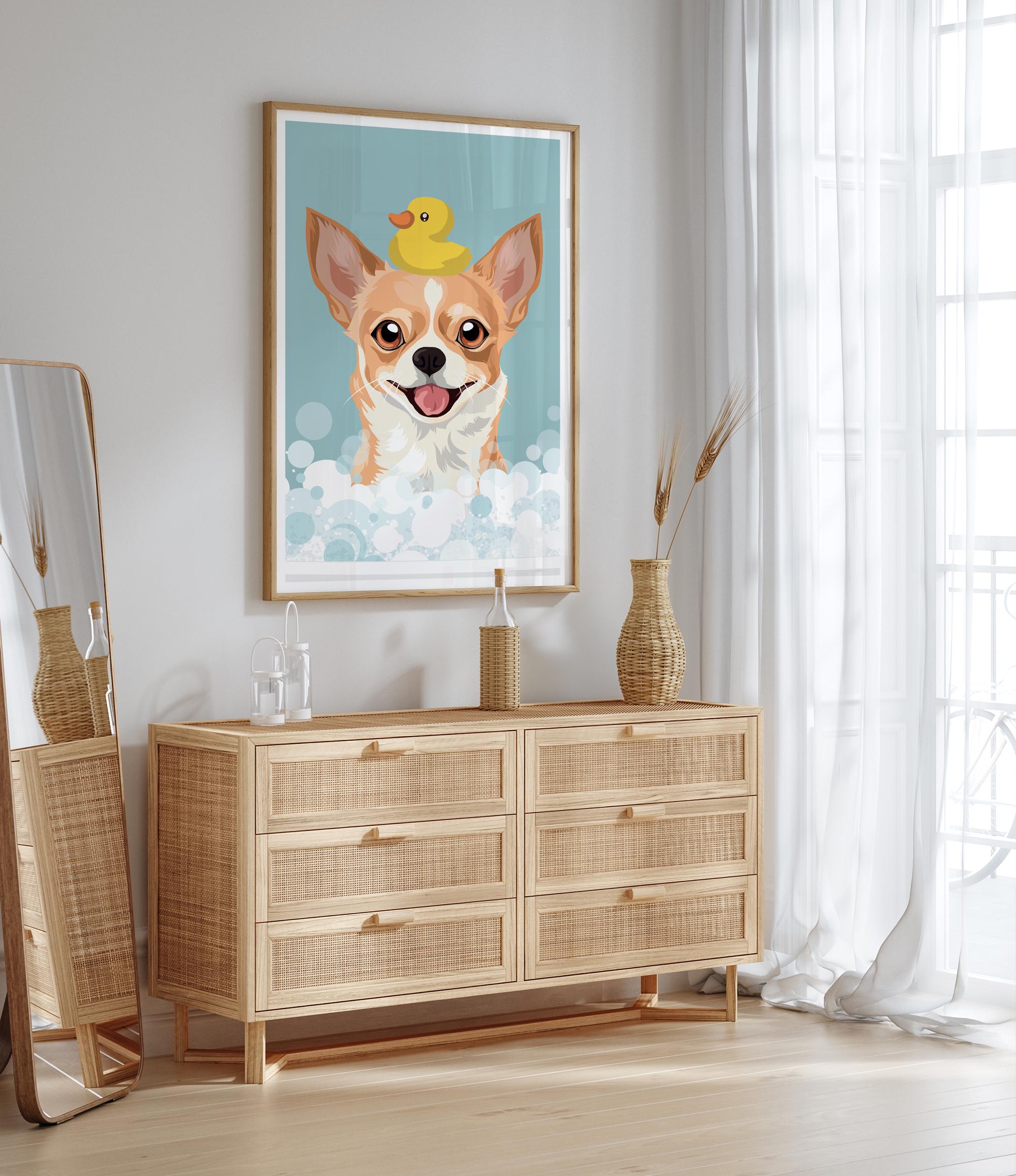 a wooden dresser with a framed picture of a dog on the wall above it. The dresser has six drawers and is situated in a room with a window and a mirror.