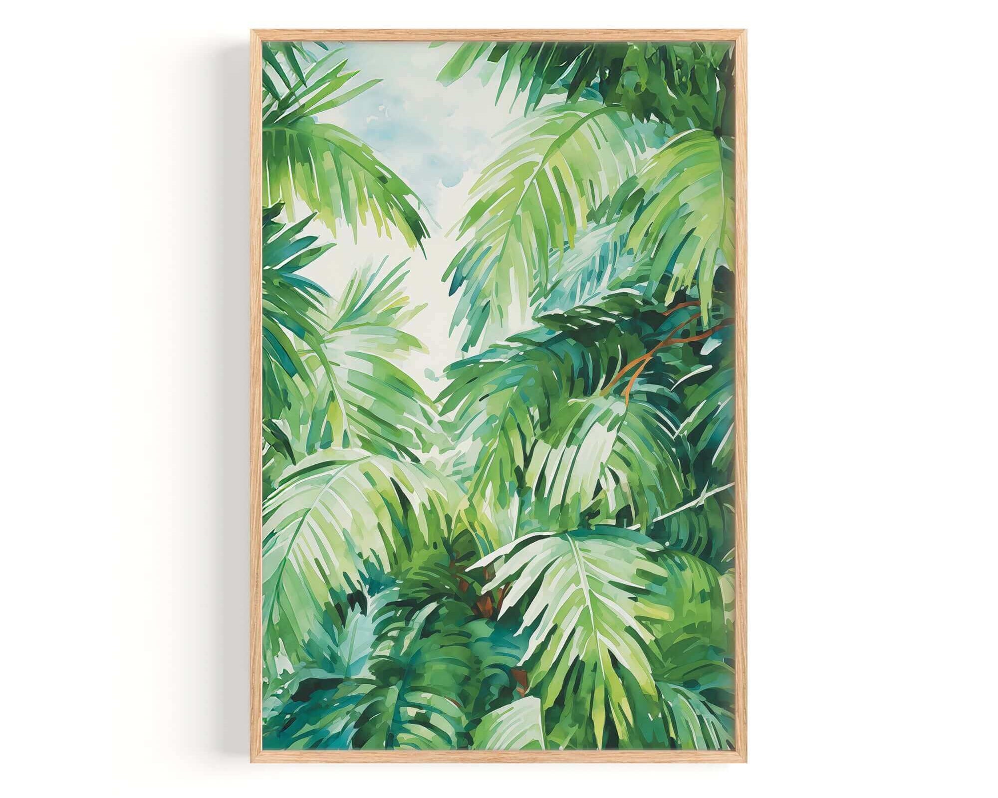 The image is a framed painting depicting a lush, tropical scene with vibrant green palm leaves and other tropical foliage.