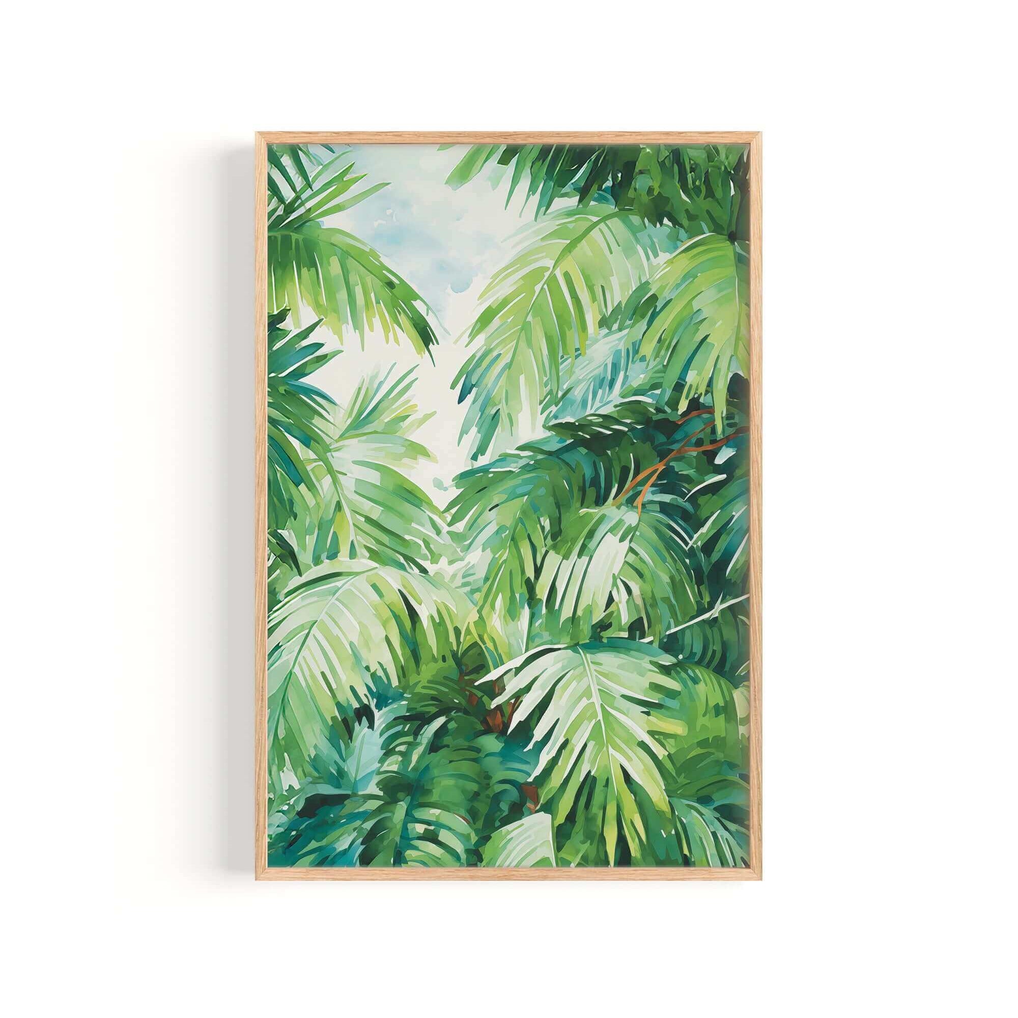 The image is a framed painting depicting a lush, tropical scene with vibrant green palm leaves and other tropical foliage.
