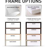 Chart showing "Frame Options" for prints—paper or canvas—with a selection of wood frame colors and styles, perfect for displaying your Beach Umbrella Wall Art from the La Dolce Vita Collection or other coastal pieces.