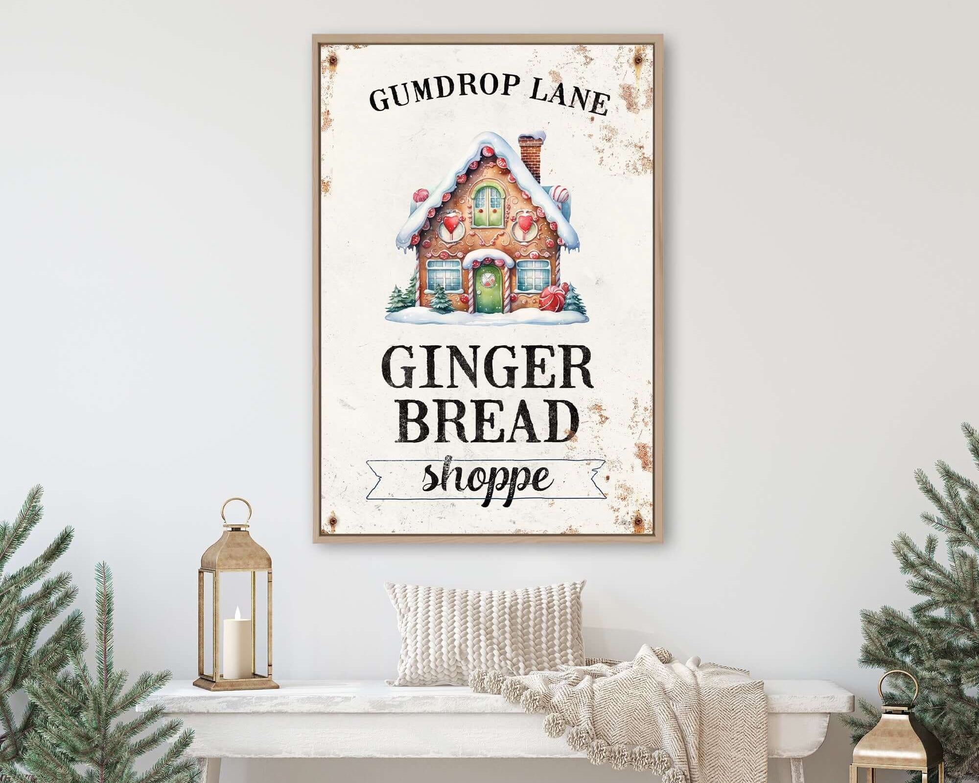 a picture of a ginger bread shop on a wall