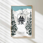 A framed illustration depicting a couple sitting on a ski lift, surrounded by snow-covered pine trees, with the text "APRÈS SKI" below the image.