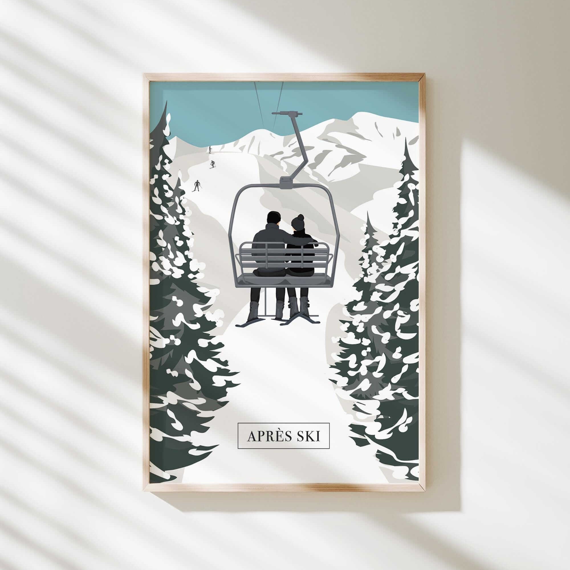 A framed illustration depicting a couple sitting on a ski lift, surrounded by snow-covered pine trees, with the text "APRÈS SKI" below the image.