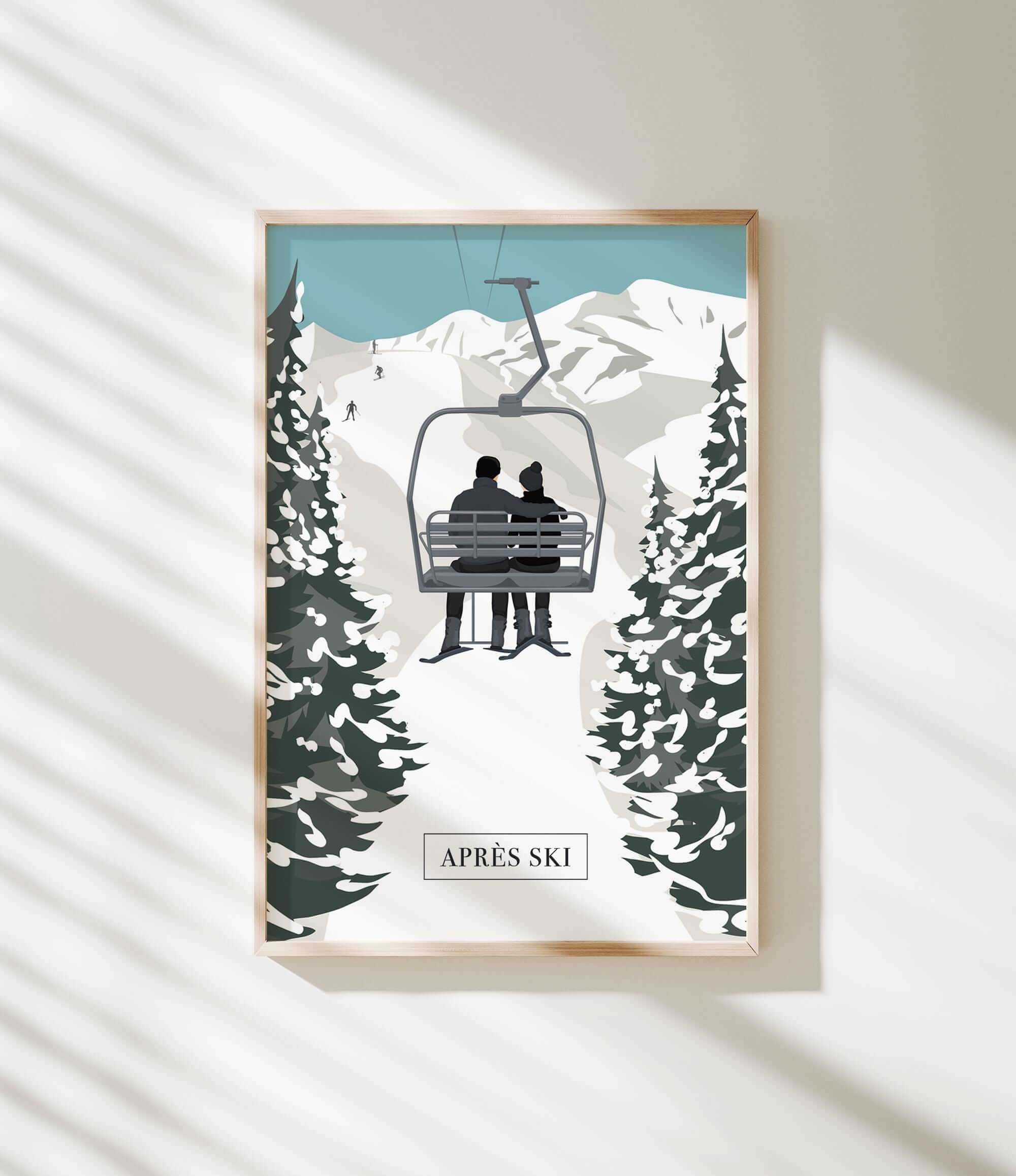 A framed illustration depicting a couple sitting on a ski lift, surrounded by snow-covered pine trees, with the text "APRÈS SKI" below the image.