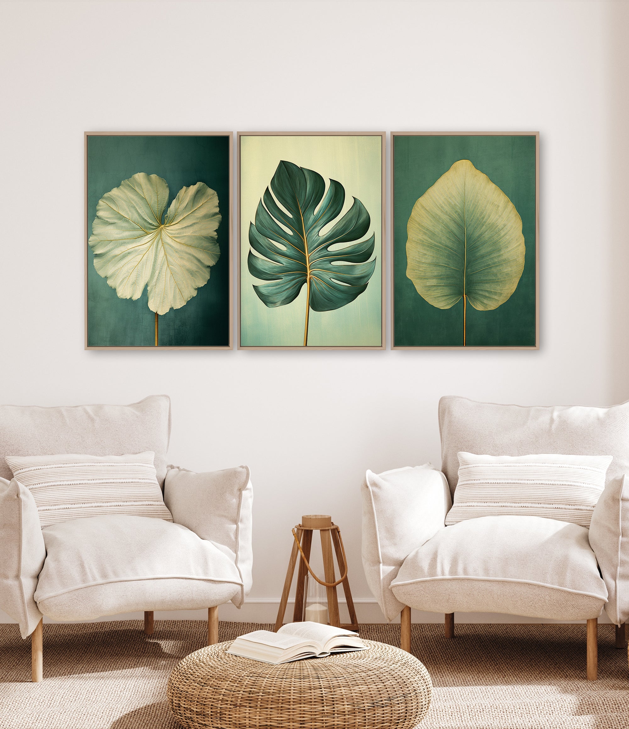 a living room with three framed paintings of leaves hanging on the wall above two white armchairs.