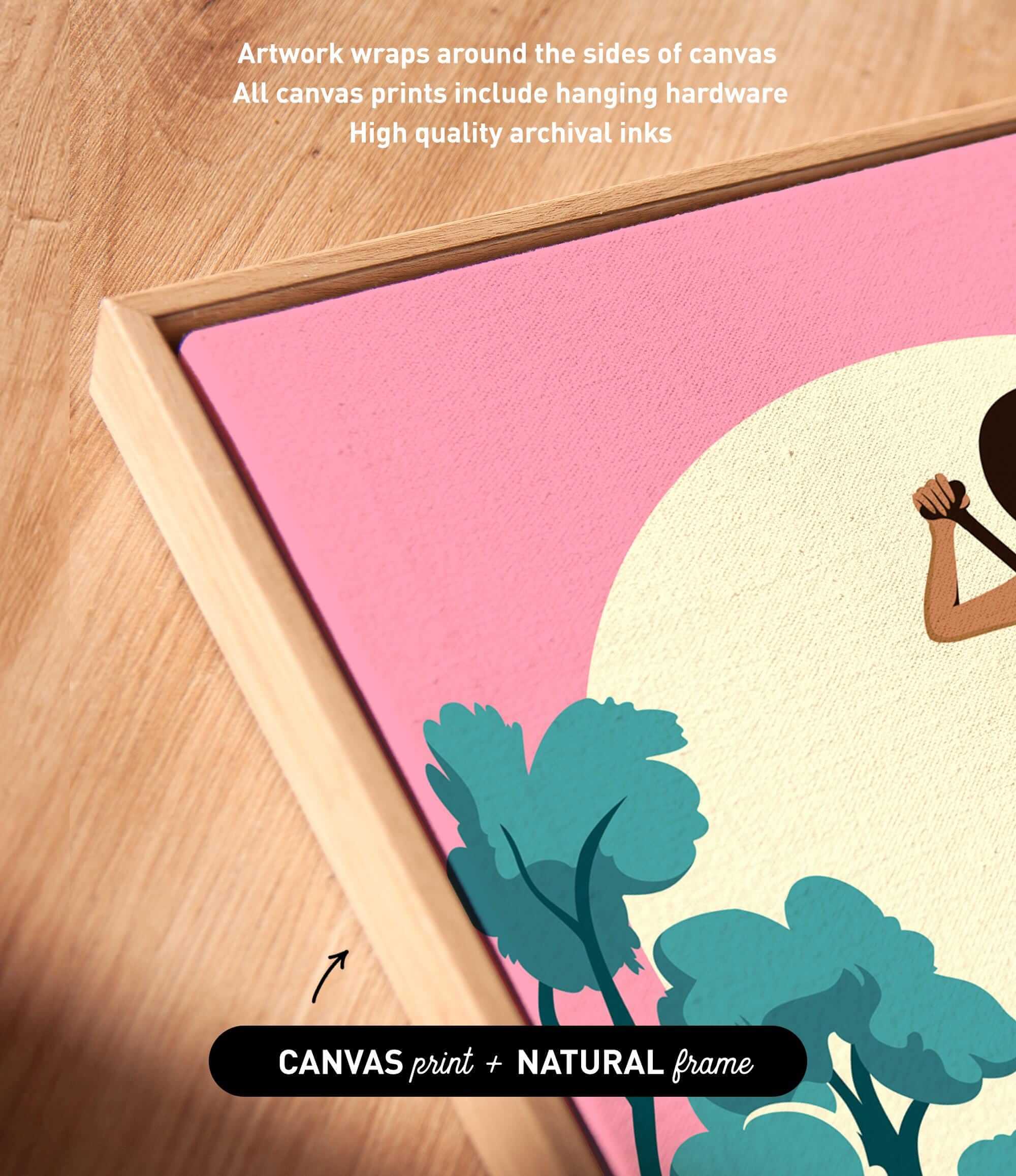 a pink and green floral design with a person holding a shovel, all framed in a natural wooden frame.