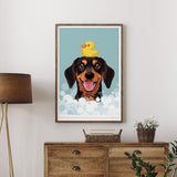 A framed illustration of a dog with a yellow rubber duck on its head, surrounded by bubbles, is displayed on a wall above a wooden dresser.