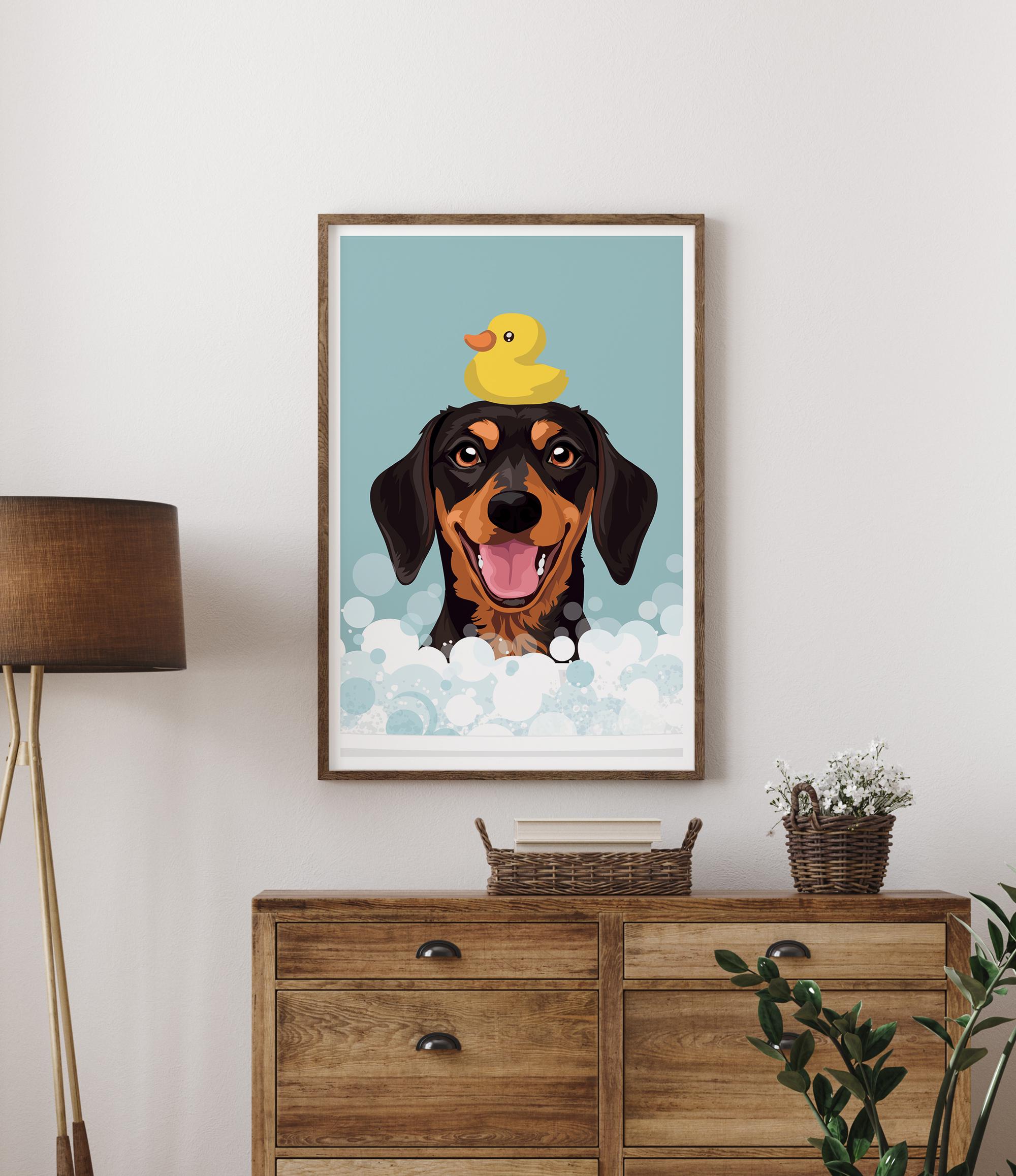 A framed illustration of a dog with a yellow rubber duck on its head, surrounded by bubbles, is displayed on a wall above a wooden dresser.