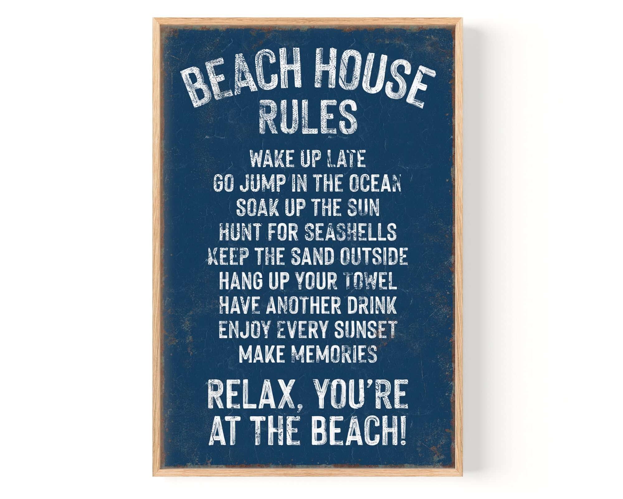 The Beach House Rules Sign, Rusted Edge, Nautical, displays soothing beach activities in white text—ideal wall decor to add a modern farmhouse vibe to your coastal home.