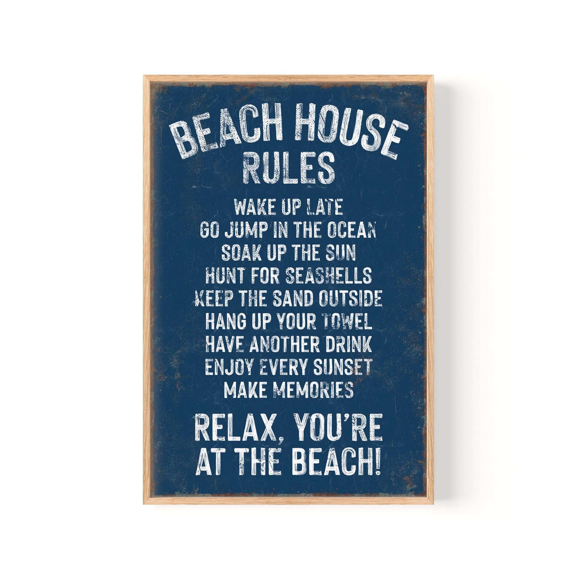 The Beach House Rules Sign, Rusted Edge, Nautical, displays soothing beach activities in white text—ideal wall decor to add a modern farmhouse vibe to your coastal home.