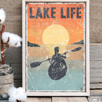 a poster of a person in a kayak on a lake