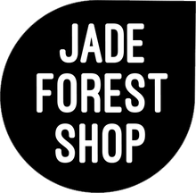 Black teardrop shape with white text that reads "Jade Forest Shop" in bold, rounded letters.
