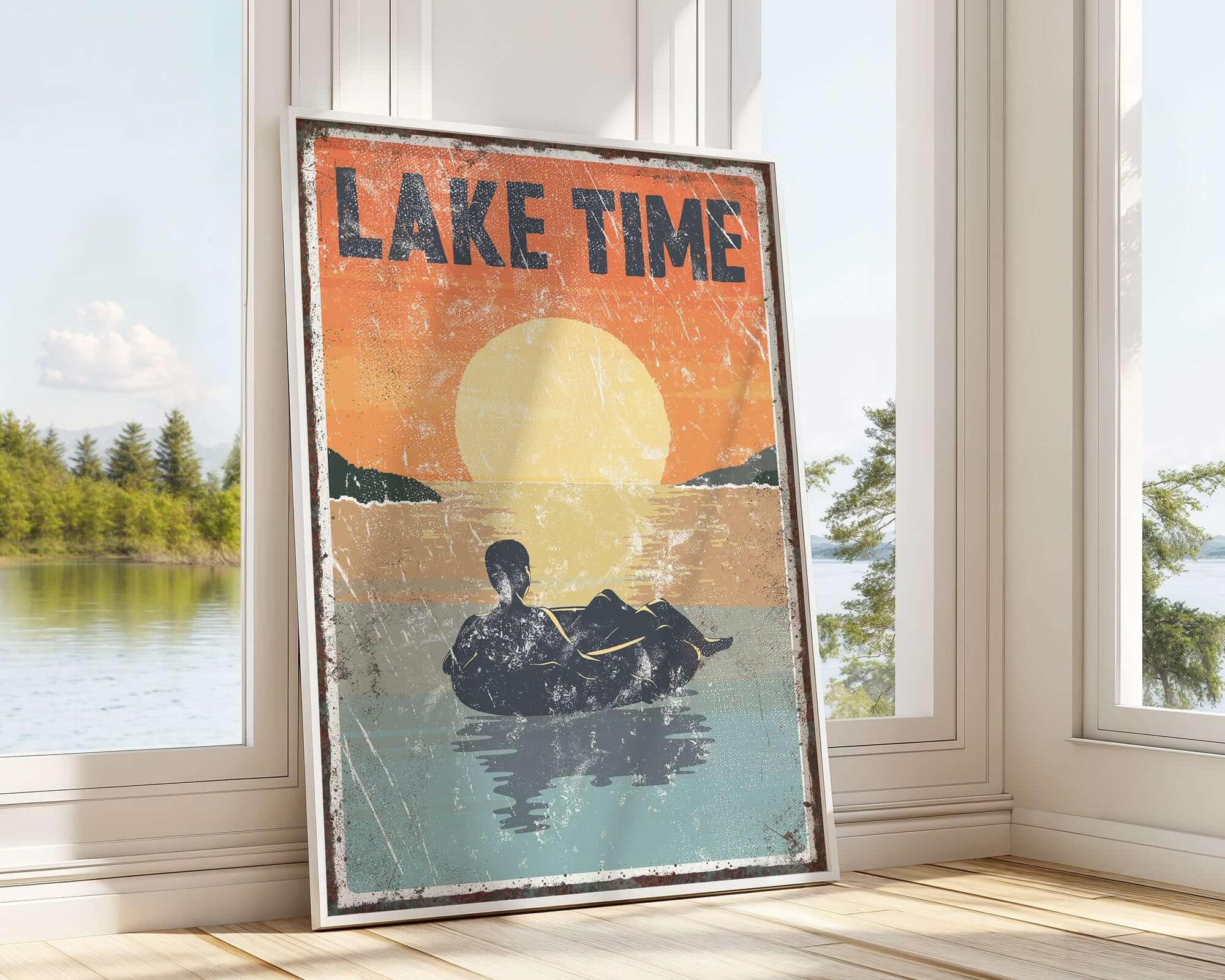 The Lake Time Sunset Sign features a vibrant sunset, lake scene, and a male tubing silhouette—ideal vintage-style wall decor to bring a cozy modern farmhouse vibe to your home.