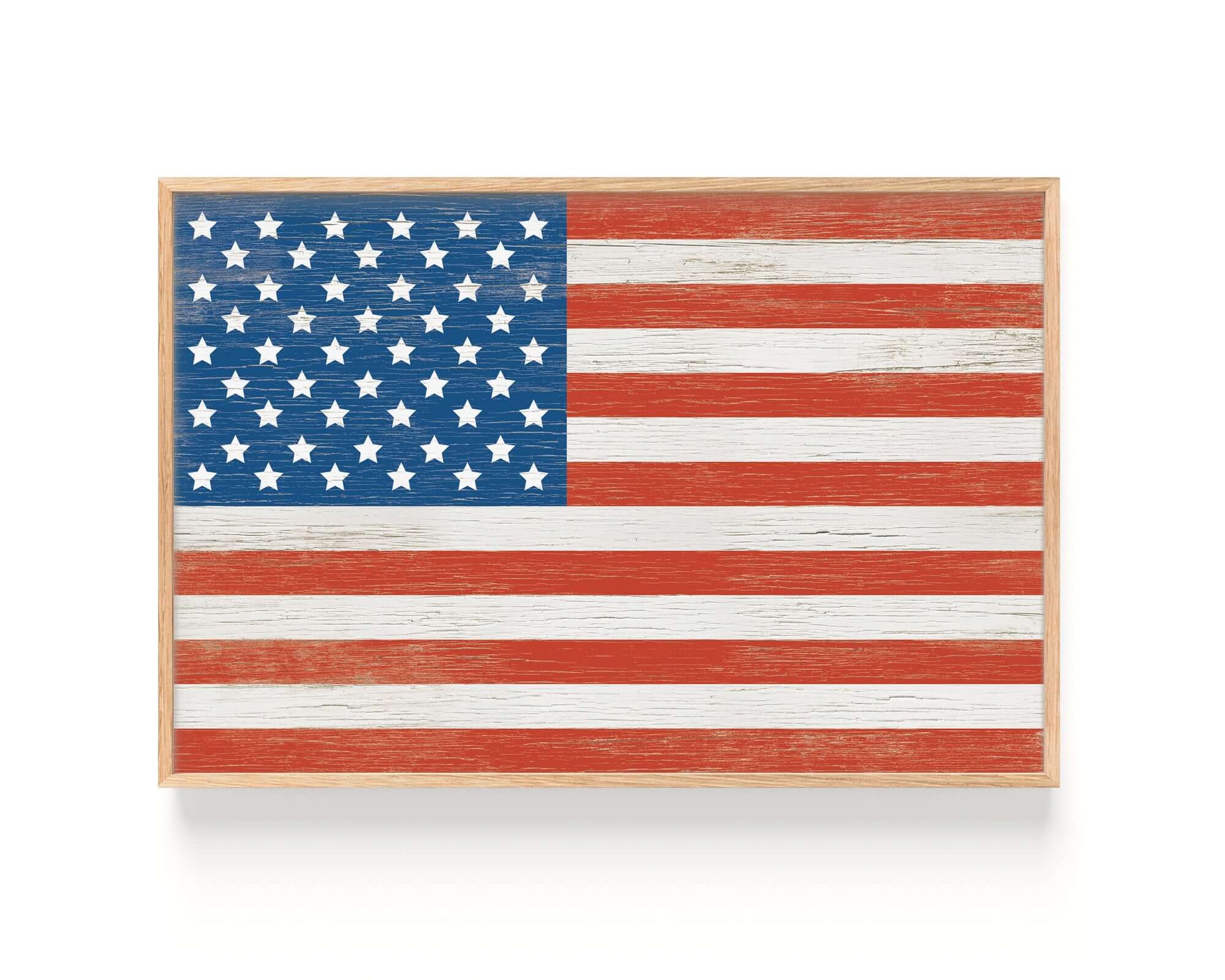 The Vintage World Flag Poster, United States of America, showcases a rustic, distressed print with faded red, white, and blue colors plus 50 stars—ideal for enthusiasts of vintage or retro flag decor.