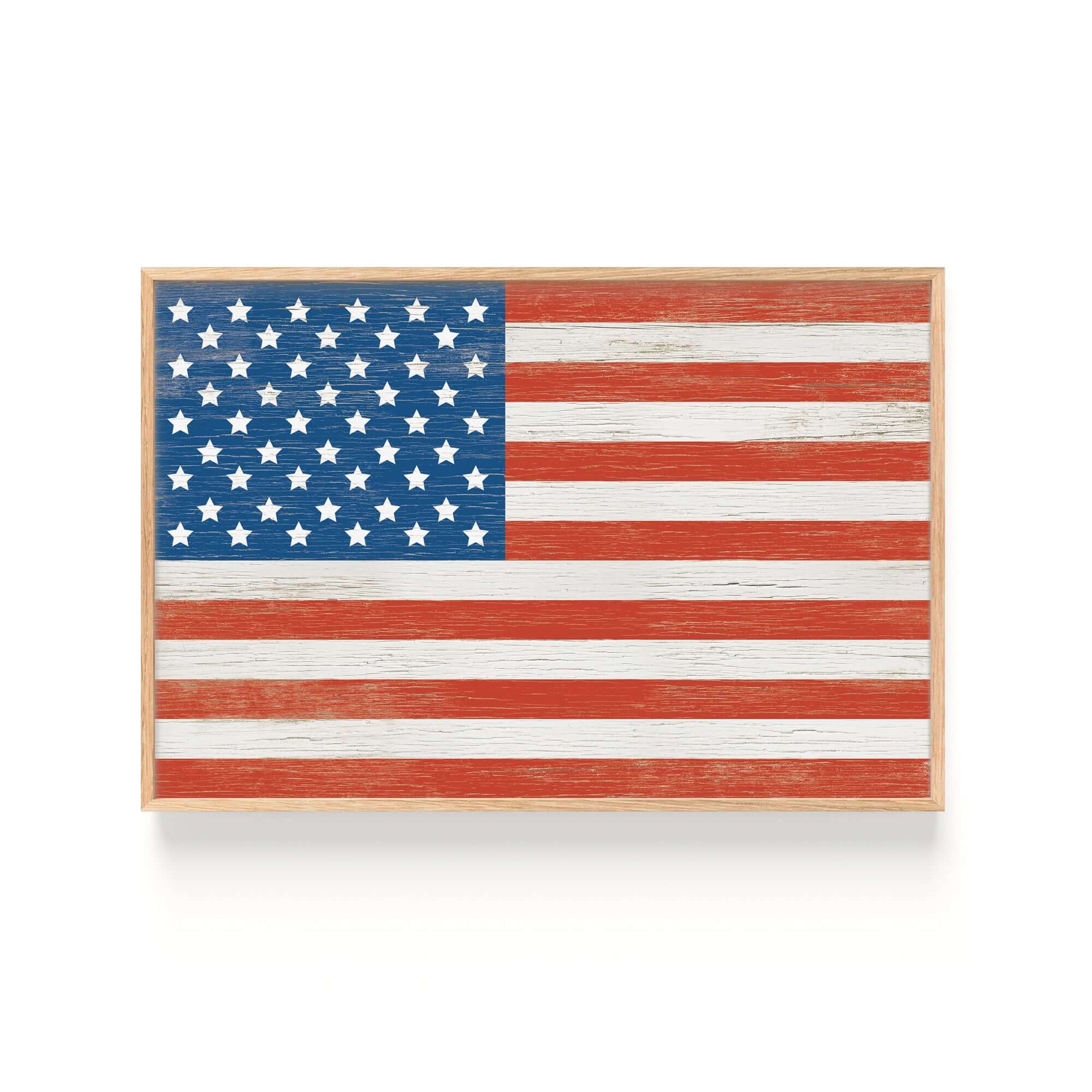 The Vintage World Flag Poster, United States of America, showcases a rustic, distressed print with faded red, white, and blue colors plus 50 stars—ideal for enthusiasts of vintage or retro flag decor.