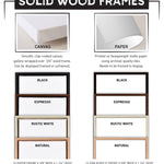 The image is a comparison of solid wood frames, including different colors and frame types. It shows a smooth, clay-coated canvas, a printed on heavyweight matte paper using archival-quality inks, and a black frame. The image also displays a black frame, a rustic white frame, and a natural frame. The image does not contain any text, and it does not describe each frame individually. It is a comparison of the different frames, their colors, and their types.