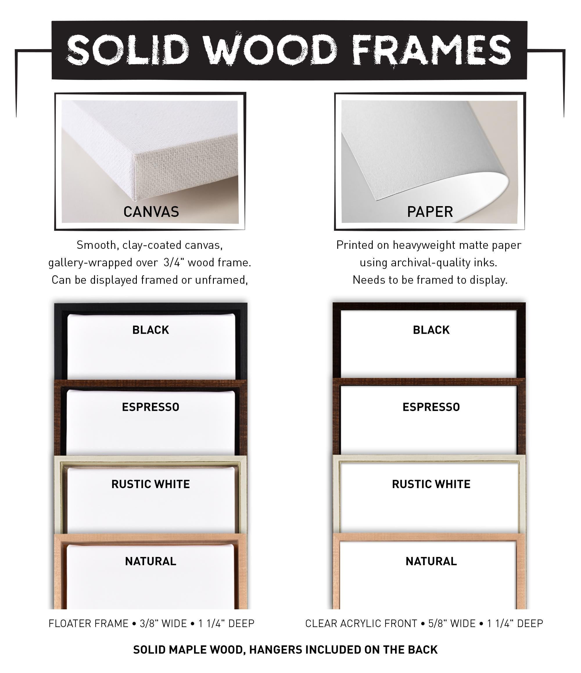 The image is a comparison of solid wood frames, including different colors and frame types. It shows a smooth, clay-coated canvas, a printed on heavyweight matte paper using archival-quality inks, and a black frame. The image also displays a black frame, a rustic white frame, and a natural frame. The image does not contain any text, and it does not describe each frame individually. It is a comparison of the different frames, their colors, and their types.