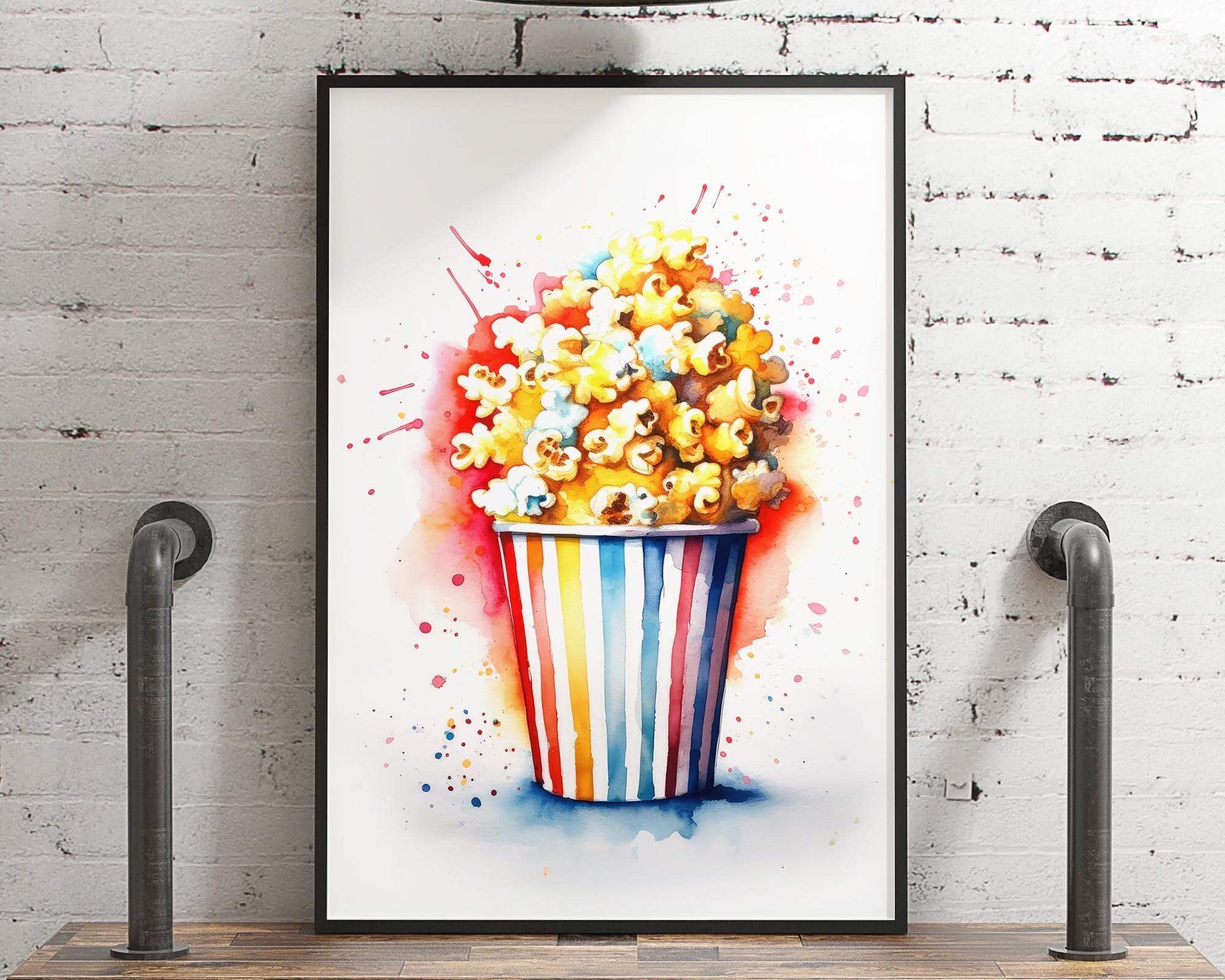 A framed watercolor painting of a bucket of popcorn is displayed on a wooden shelf against a white brick wall.