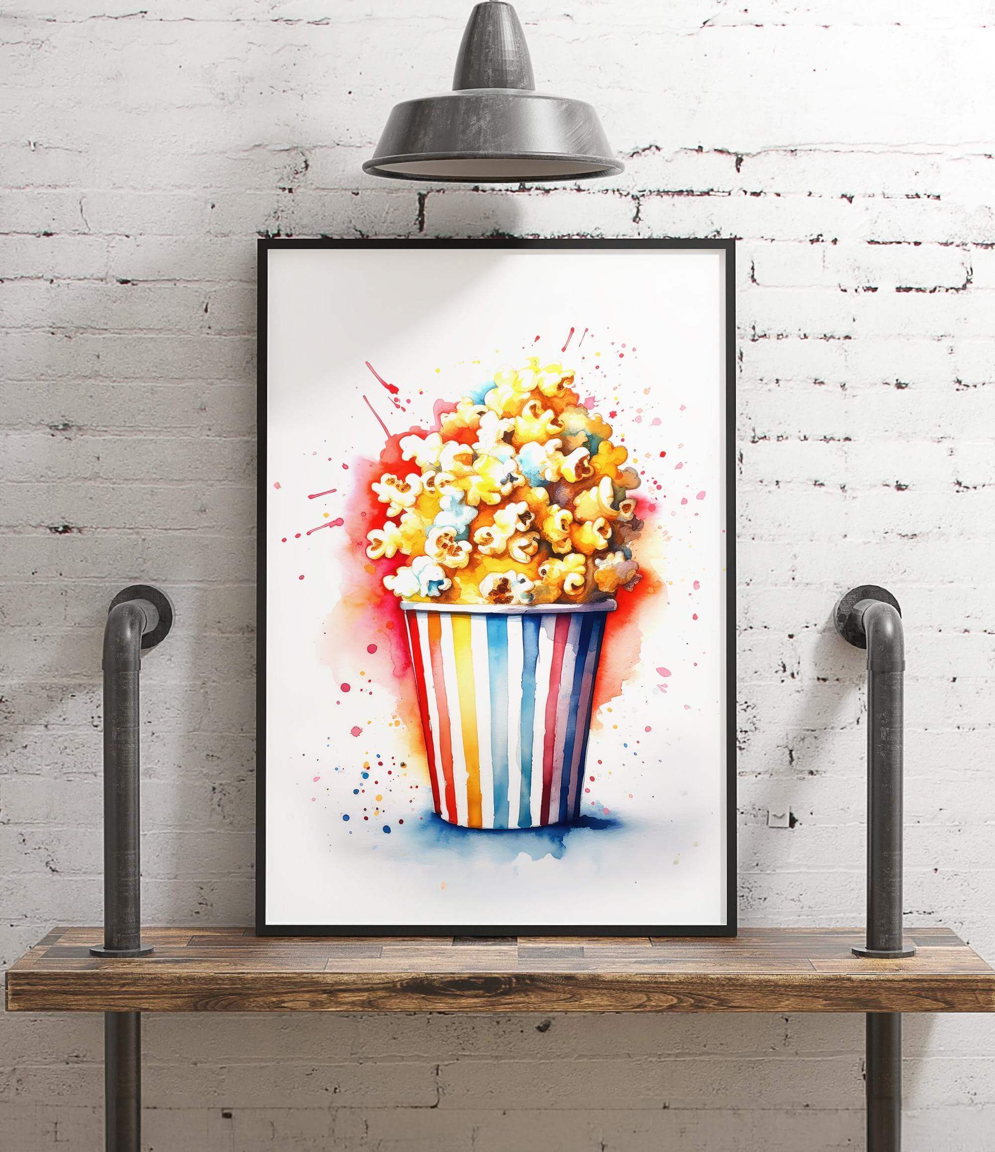 A framed watercolor painting of a bucket of popcorn is displayed on a wooden shelf against a white brick wall.