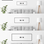 a series of three framed artworks or photographs displayed on a wall, each with a different size and frame. The artworks are arranged in a row, with the largest one being 24 x 8 inches, followed by a smaller one of 36 x 12 inches, and the smallest one being 48 x 16 inches. The artworks are set against a white wall, and there is a plant in the background.