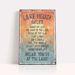 The image is a sign that provides a list of rules for visitors at a lake house.