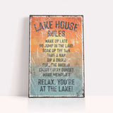The image is a sign that provides a list of rules for visitors at a lake house.