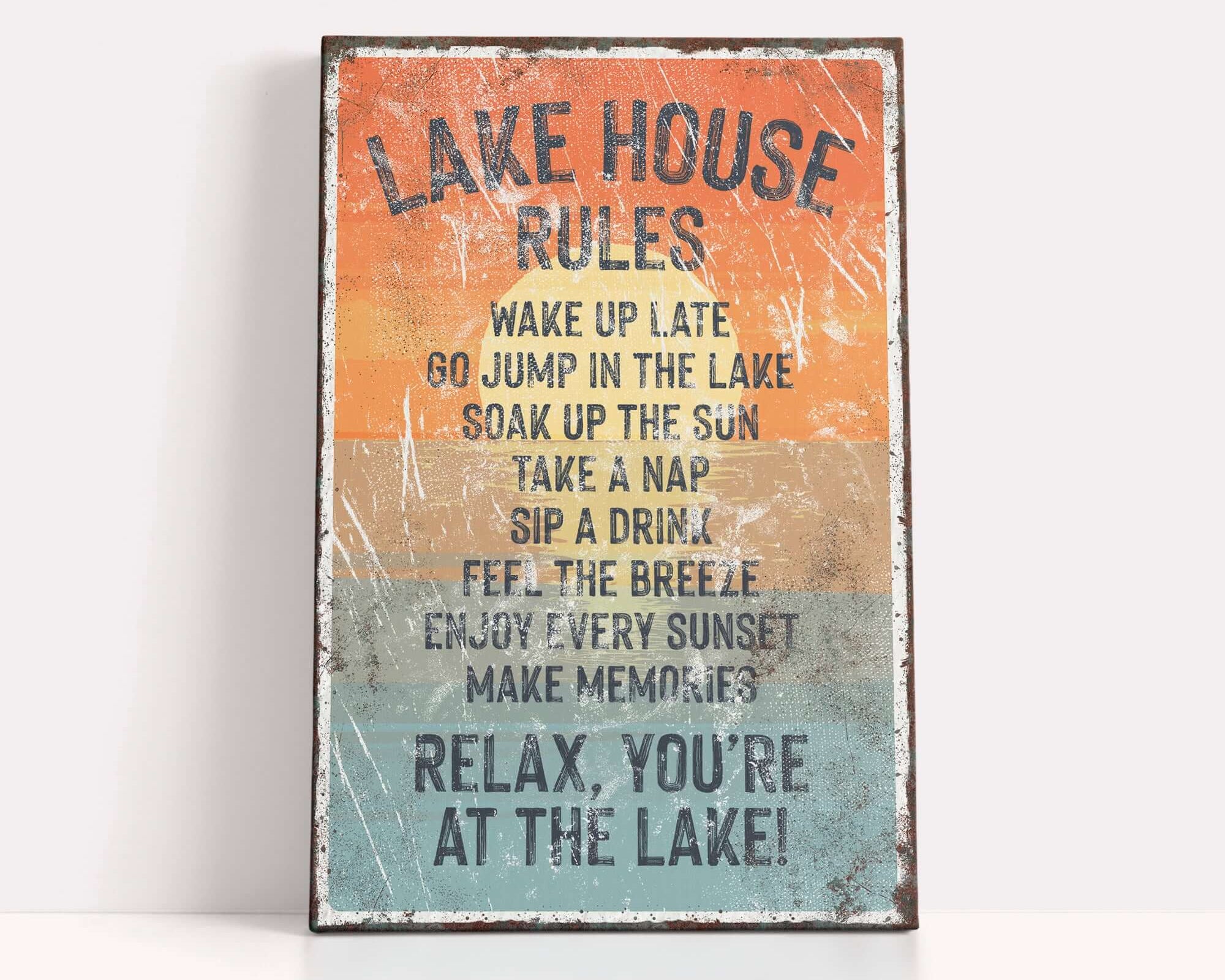 The image is a sign that provides a list of rules for visitors at a lake house.