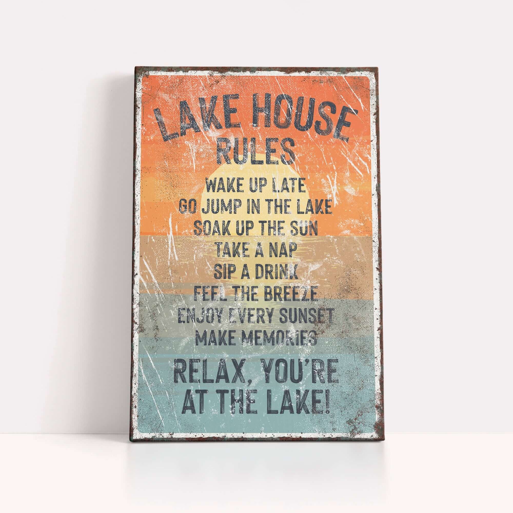 The image is a sign that provides a list of rules for visitors at a lake house.
