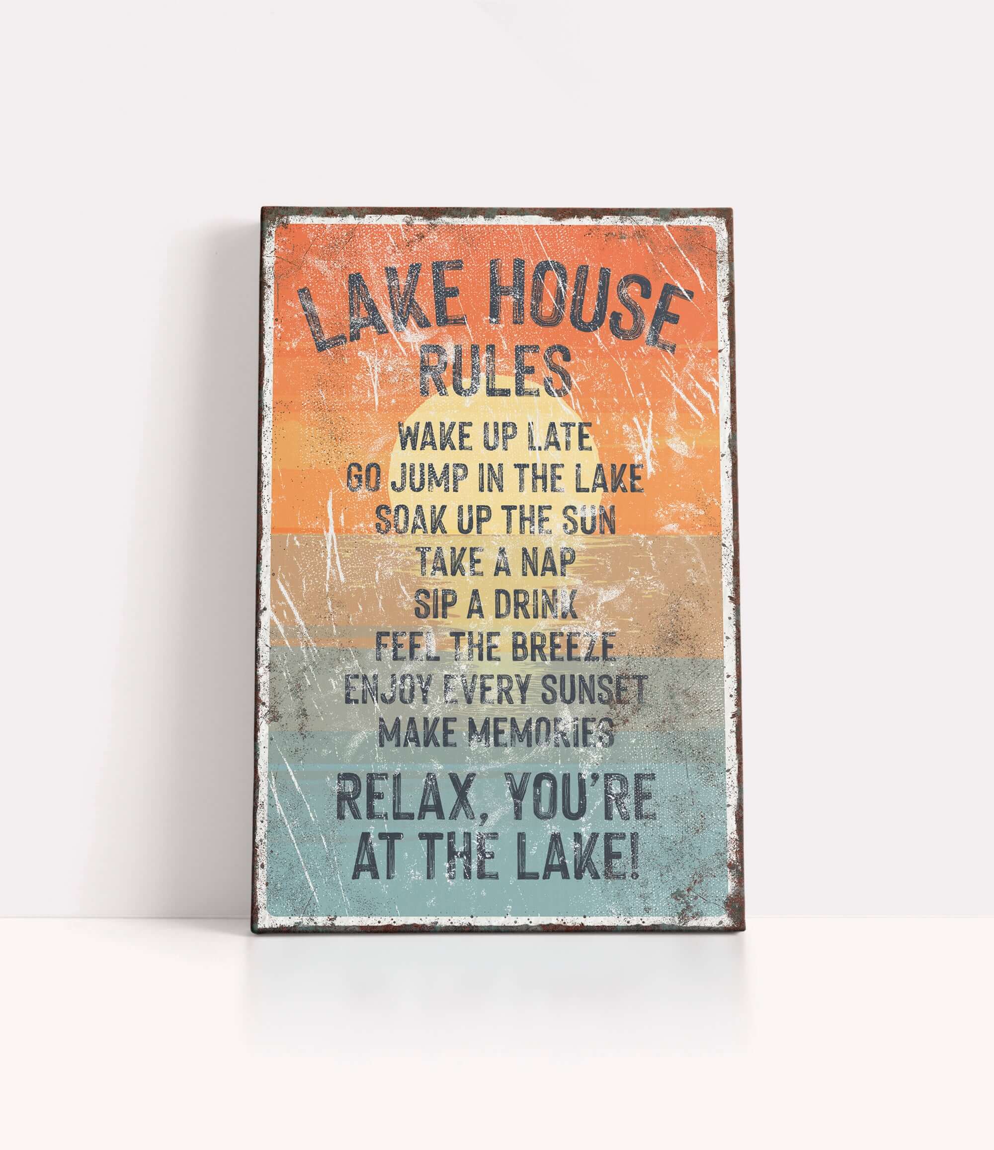 The image is a sign that provides a list of rules for visitors at a lake house.