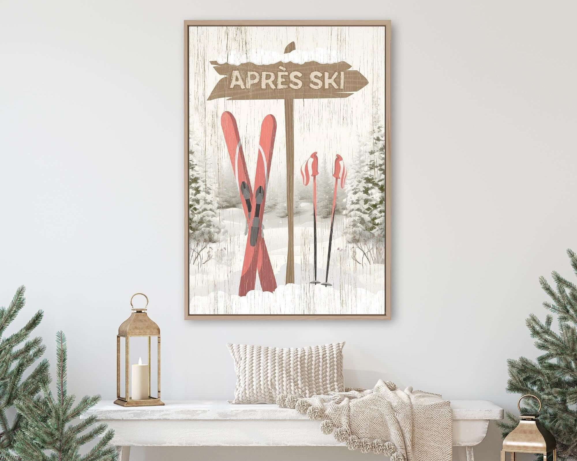 a cozy winter scene with a wooden bench, a decorative lantern, and a framed sign that reads "APRES SKI" against a snowy background.
