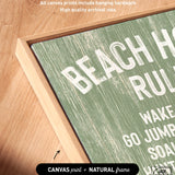 Close-up of the Beach House Rules Sign, featuring seagrass green painted wood with white text in a light wooden frame, displayed on a wooden surface—ideal coastal wall art for your beach house.